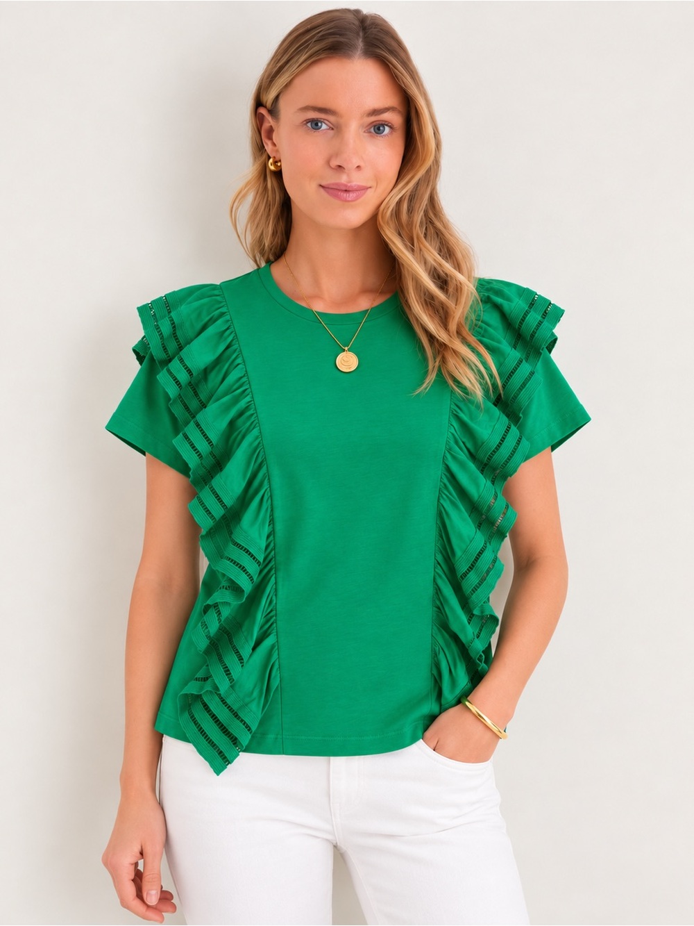Tuckernuck L Kelly Green Blouse Top Ruffle Cotton Short Sleeve Hyacinth NWT $148